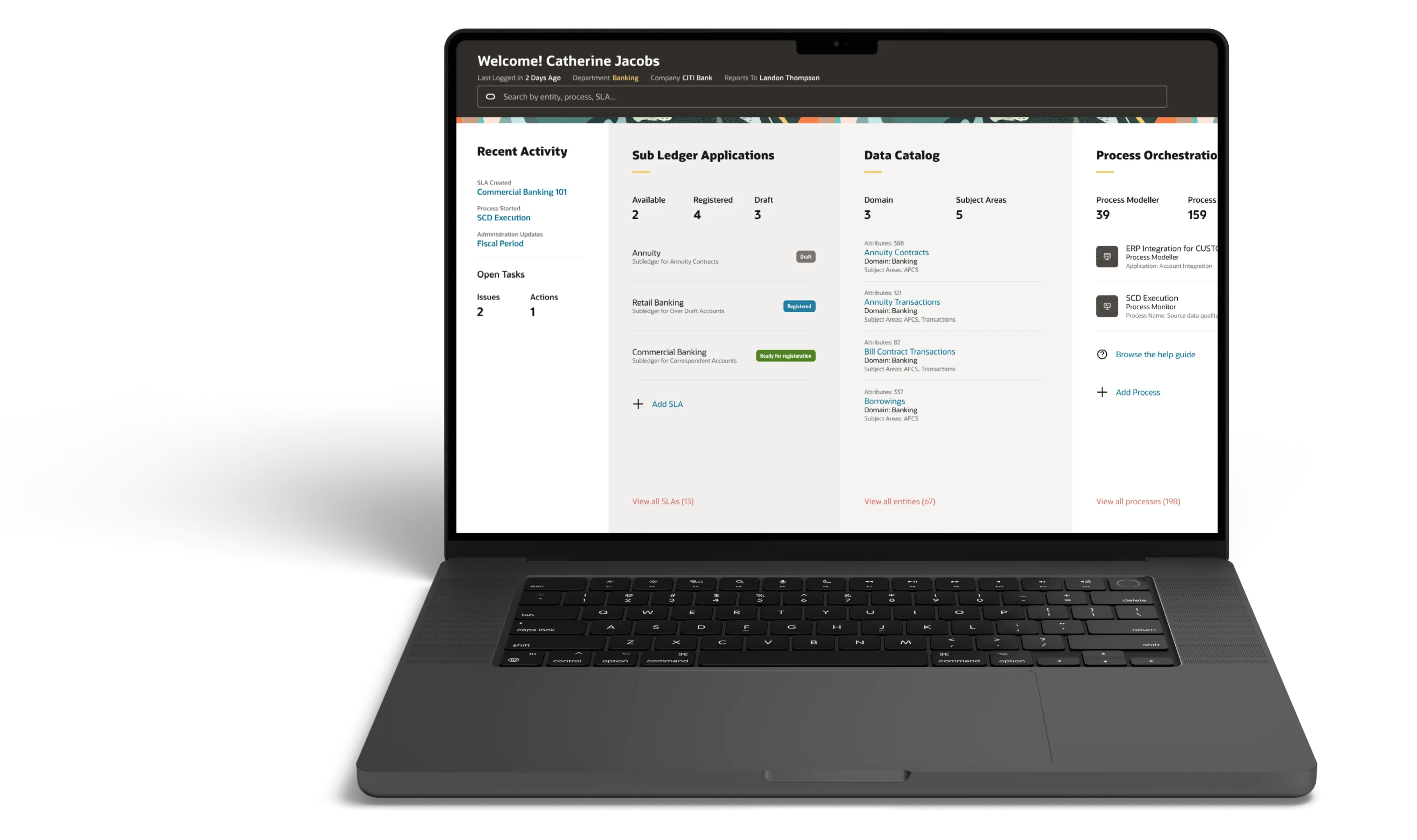 AFCS home dashboard on a laptop: recent activity, sub-ledger applications, data catalog entities and process orchestration in four columns
