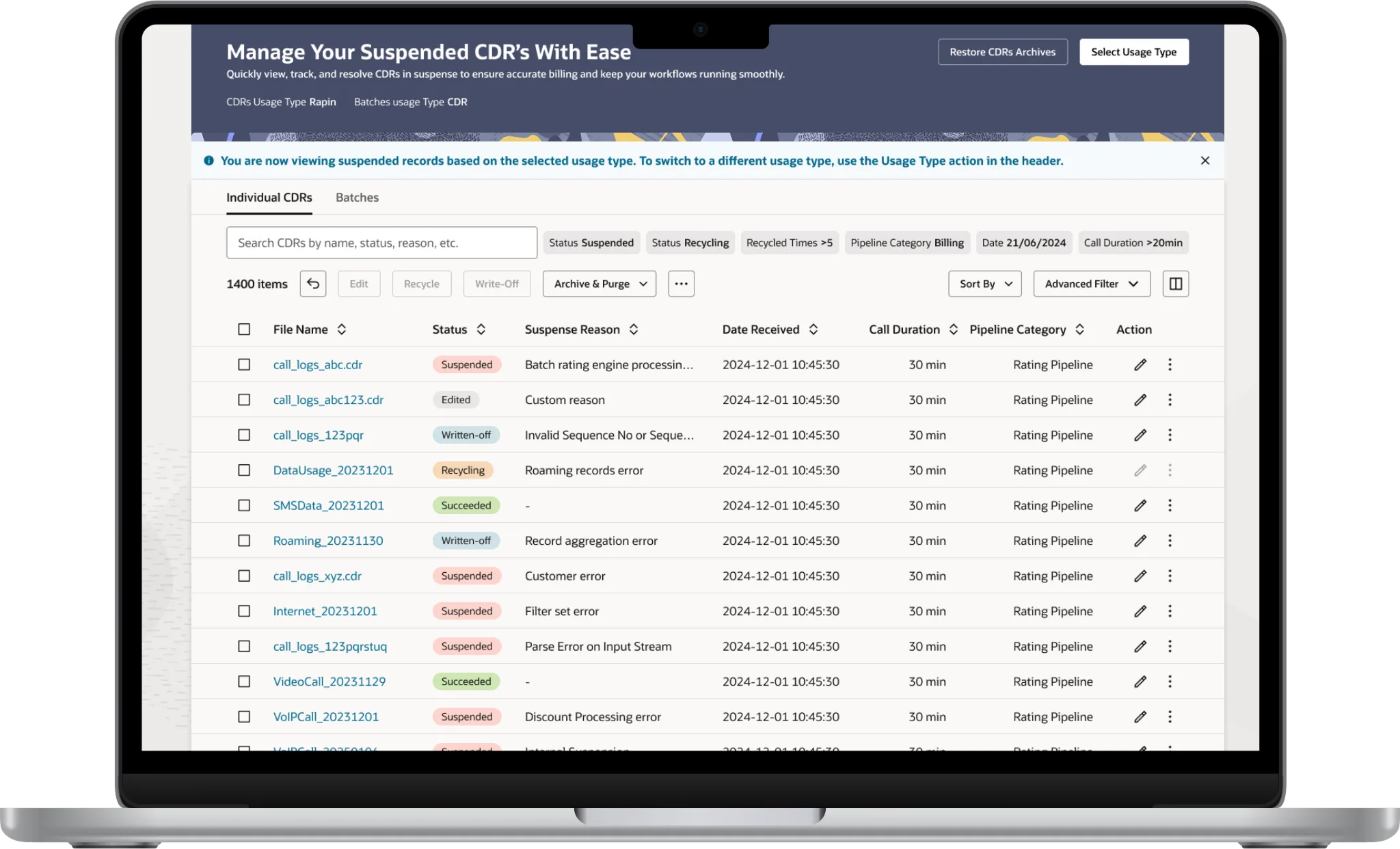 BRM-SMS worklist on a laptop: a table of suspended CDR files with status chips, suspense reasons, filter pills and bulk actions