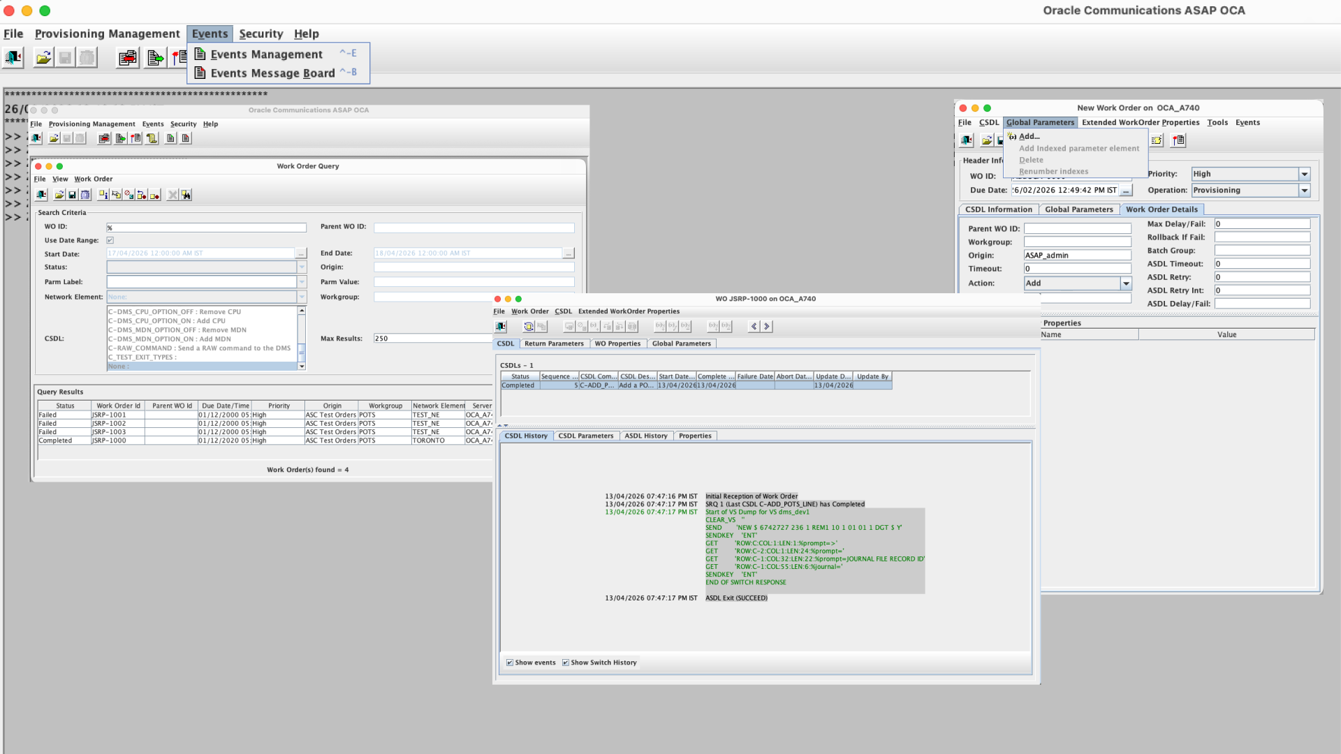 The Oracle Communications ASAP OCA legacy Java client - dense query windows and raw switch command logs