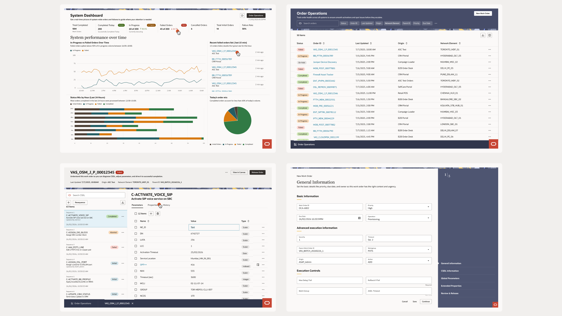 The four signature Redwood flows in high fidelity - system dashboard, order operations, work order detail and new work order