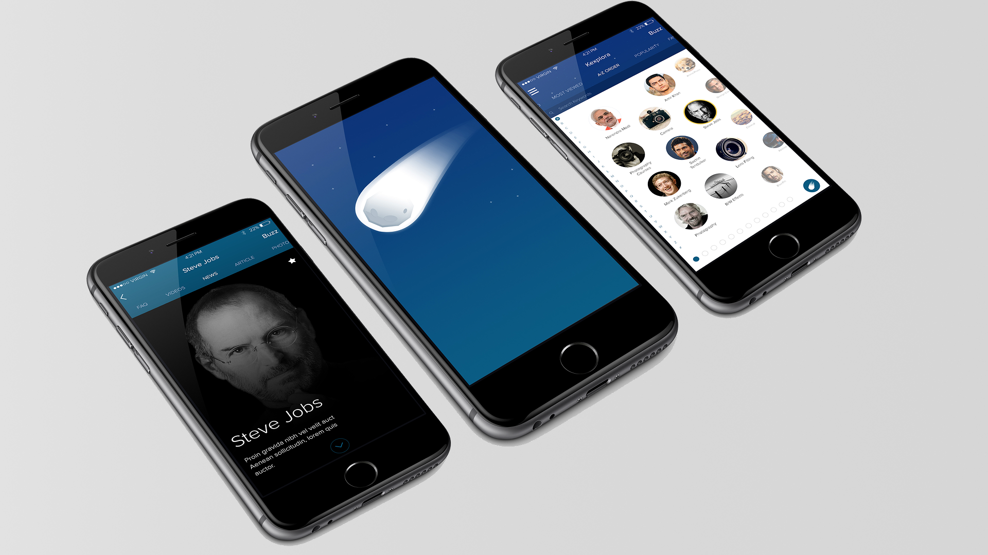 Kexplora app screens - the comet brand, splash and the discover interface with people and topics