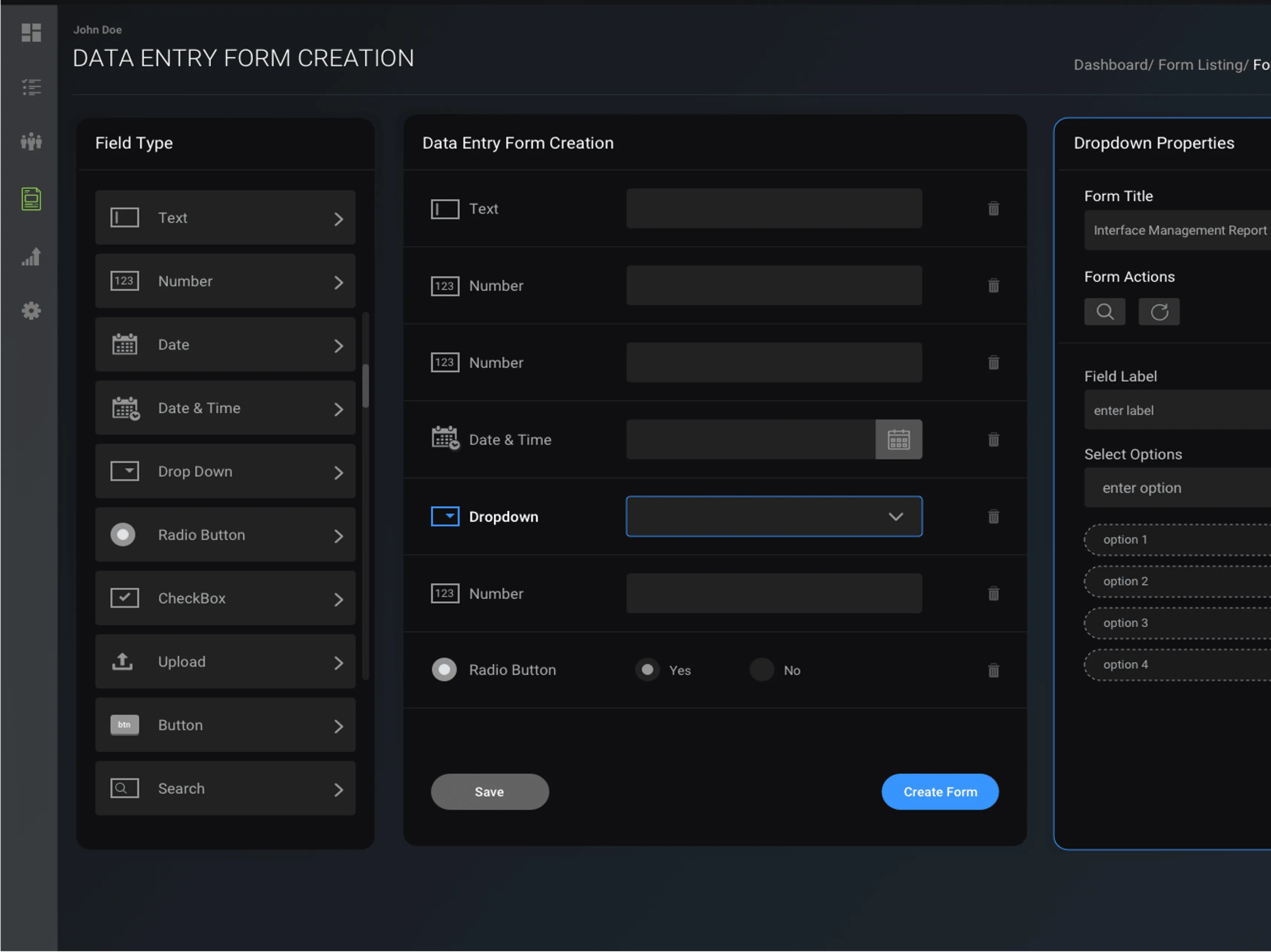 The template form builder - field types on the left, the form being assembled in the middle, and properties for the selected field on the right