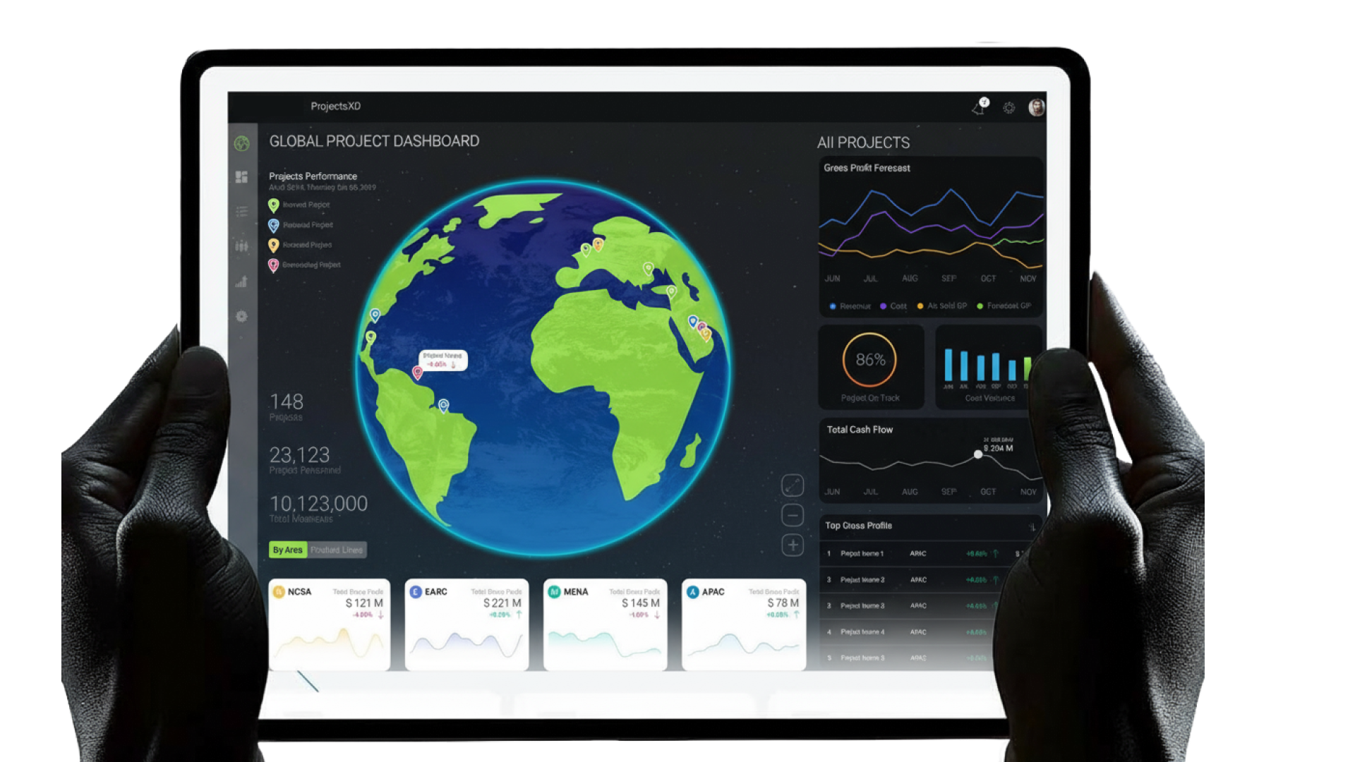 The Project XD global dashboard - a live 3D globe with project markers, gross-profit forecasts and cash-flow charts, replacing Excel status reports
