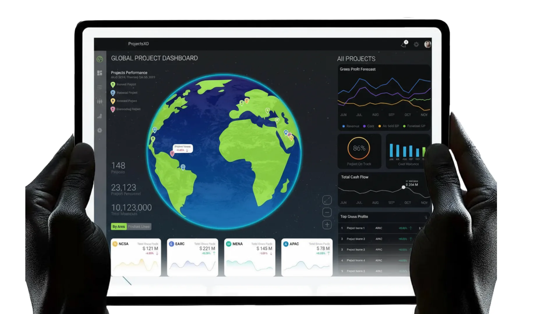 The Project XD global dashboard - a live 3D globe with project markers, gross-profit forecasts and cash-flow charts, replacing Excel status reports