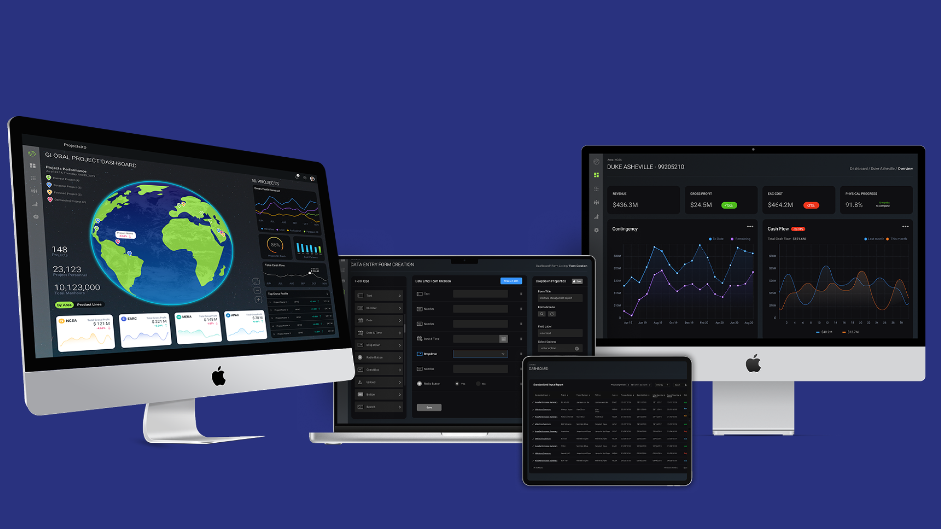 The XD globe dashboard across desktop, laptop and tablet - responsive project intelligence