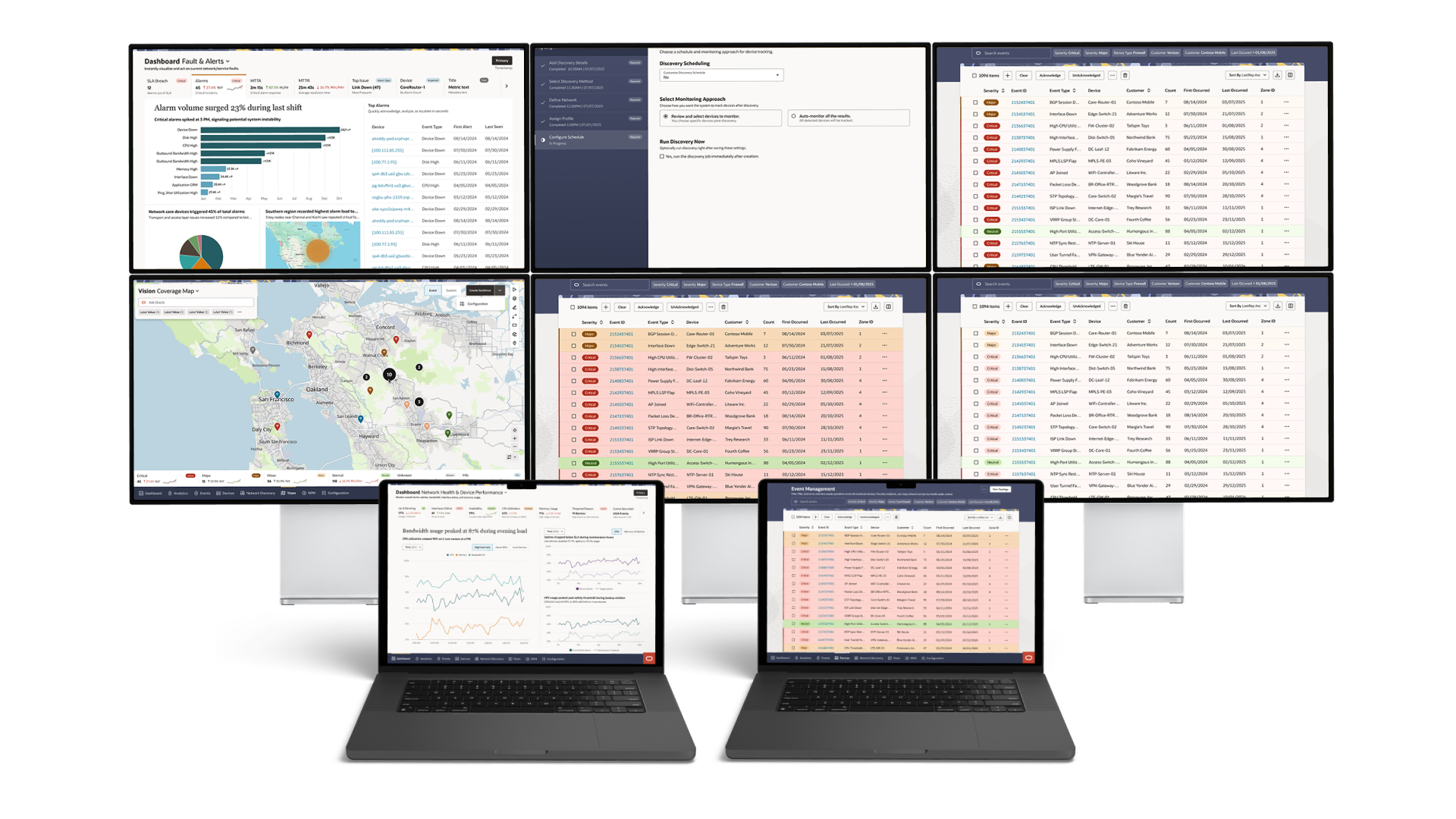 The Redwood-modernized Unified Assurance surfaces - dashboard, event management, device discovery and Vision map